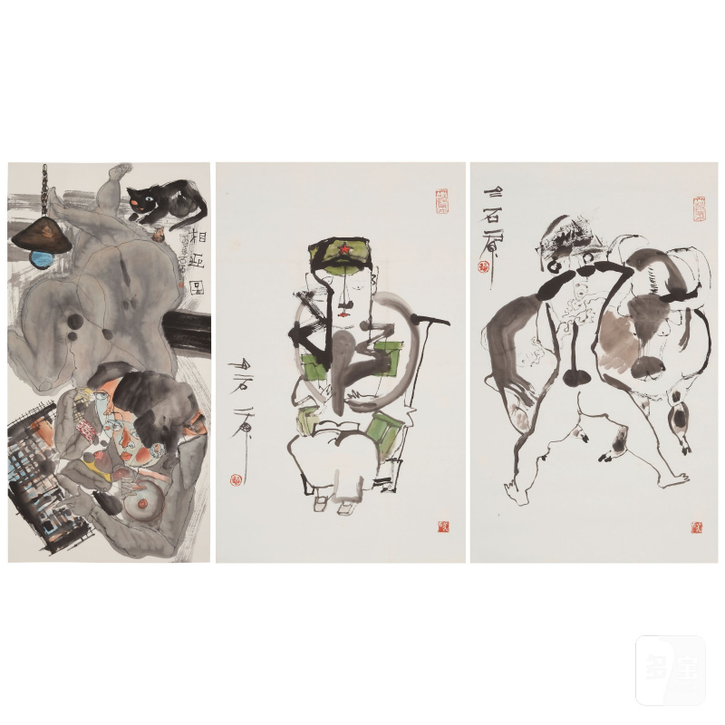 石虎（1942-2023） 人物素寫三幅 水墨設色紙本 鏡心 二〇〇〇年作 | SHI HU (1942-2023) - 图2
